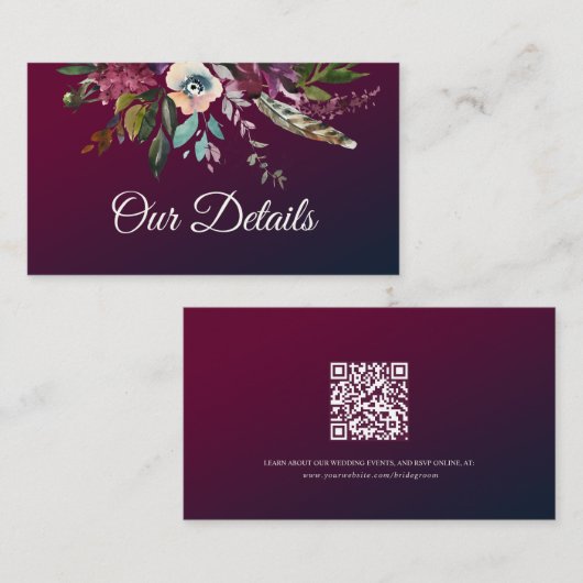 Romantische Bourgogne Bloemen Trouwdetails QR-code Informatiekaartje (Voorkant / Achterkant)