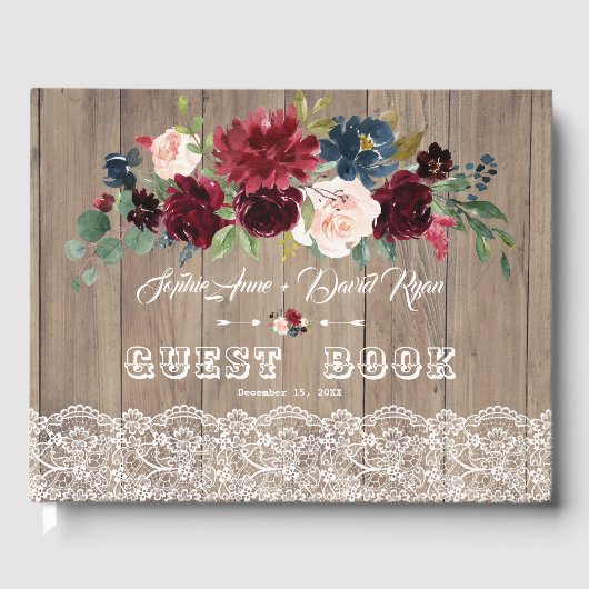 Romantische Bourgogne Blush Bloemen Lace Wood Wedd Gastenboek (Voorkant)