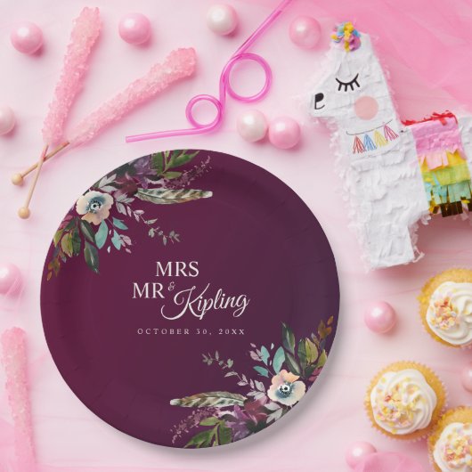 Romantische Bourgogne Floral Mr & Mrs Wedding Papieren Bordje (Feest)