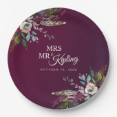 Romantische Bourgogne Floral Mr & Mrs Wedding Papieren Bordje (Voorkant)