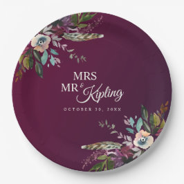 Romantische Bourgogne Floral Mr & Mrs Wedding Papieren Bordje