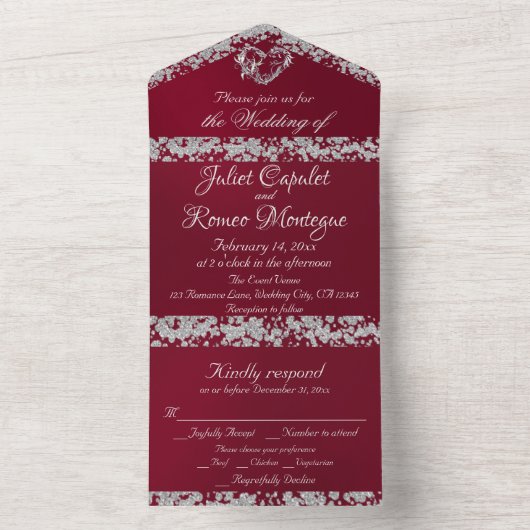 Romantische Bourgogne, Glitter Border & Heart All In One Uitnodiging (Binnen)