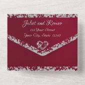 Romantische Bourgogne, Glitter Border & Heart All In One Uitnodiging (Achterkant)
