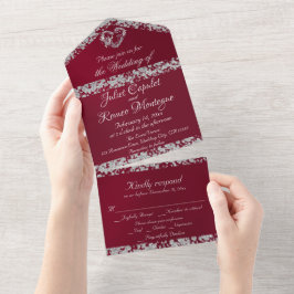 Romantische Bourgogne, Glitter Border & Heart All In One Uitnodiging