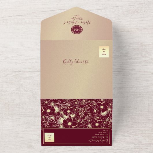 Romantische Bourgogne Goud Bloemen Bruiloft All In One Uitnodiging (Buitenkant)