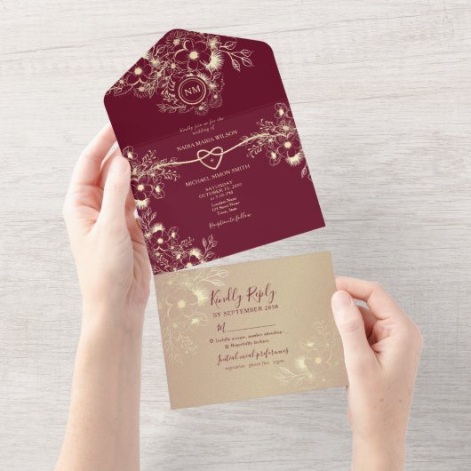 Romantische Bourgogne Goud Bloemen Bruiloft All In One Uitnodiging (Afscheurbaar)
