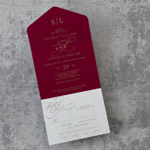 Romantische Bourgogne kalligrafie monogram trouw a All In One Uitnodiging