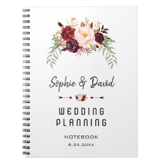 Romantische Bourgogne Marsala Floral Wedding Plann Notitieboek (Voorkant)