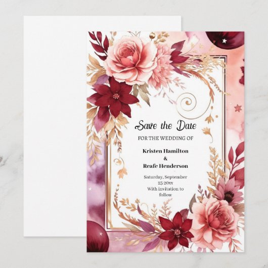 Romantische Bourgogne Printable Save The Date (Voorkant / Achterkant)