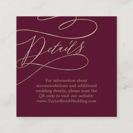Romantische Bourgogne QR Code Bruiloft Details Informatiekaartje (Voorkant)