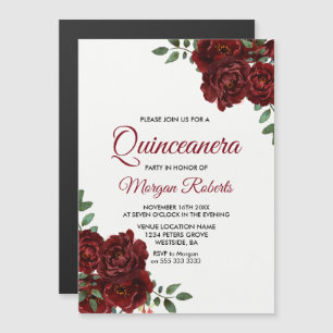 Romantische Bourgogne Red Rose Quinceanera Magnetische Uitnodiging