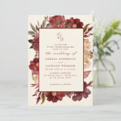 Romantische Bourgogne rood en koper bruiloft Kaart (Staand voorkant)