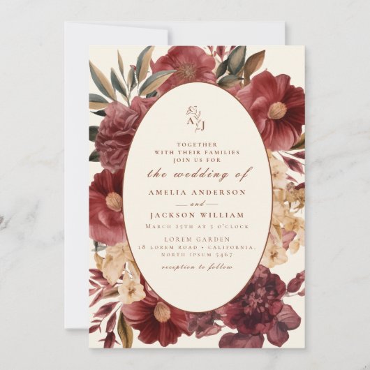 Romantische Bourgogne rood en koper bruiloft Kaart (Voorkant)