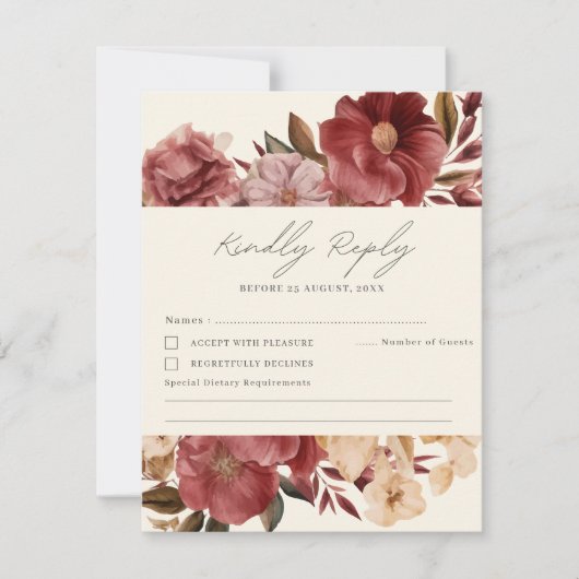 Romantische Bourgogne rood en koper bruiloft RSVP Kaartje (Voorkant)