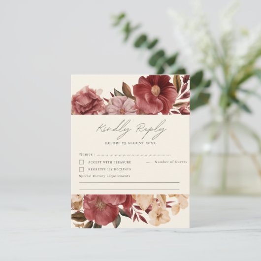 Romantische Bourgogne rood en koper bruiloft RSVP Kaartje (Staand voorkant)