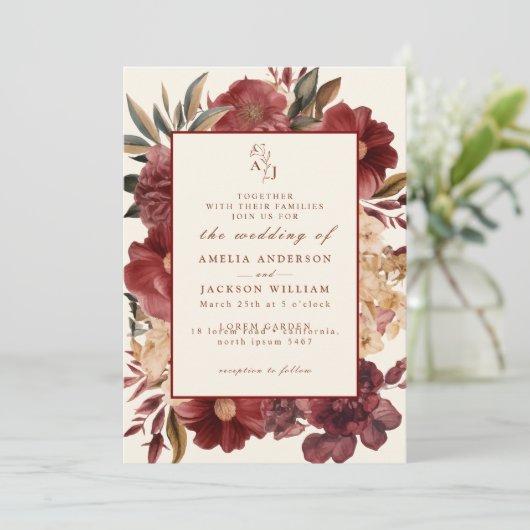 Romantische Bourgogne rood en koper bruiloft uitno Kaart (Staand voorkant)