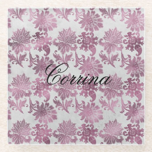 Romantische Bourgogne Rood Zilver Bloemen Glazen Onderzetter (Voorkant)