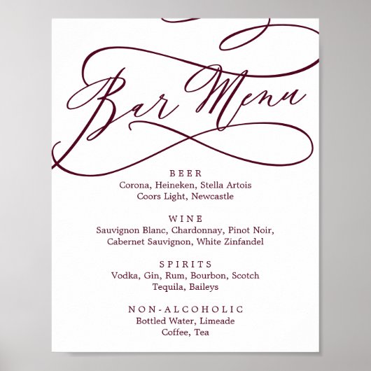 Romantische Bourgogne Tekst Calligrafie Bar Menu Poster (Voorkant)