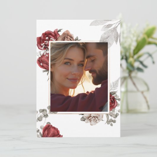 Romantische Bourgogne & Zilveren Bloemen Foto Huwe Kaart (Staand voorkant)