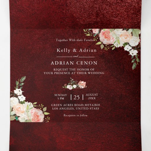 Romantische Bourgondië Blush Roze Bloemen bruiloft Drieluik Uitnodiging (Binnenkant midden)