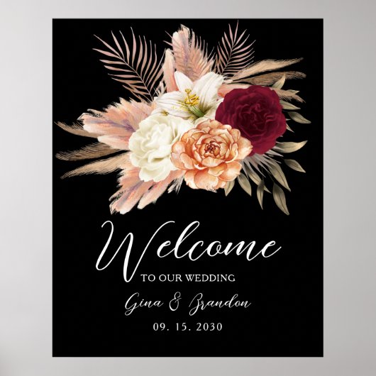 Romantische Bourgondische Black Floral bruiloft We Poster (Voorkant)