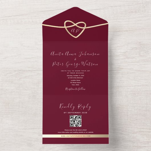 Romantische Bourgondische QR Code Huwelijk All In One Uitnodiging (Binnen)