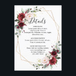 Romantische Bourgondische rode bloem geometrische  Informatiekaartje<br><div class="desc">Waterverf Bourgondië Marsala Rode Bloem Rustiek Boho Moderne geometrische bruiloft Details Kaart met gouden geometrische lijst. Perfect voor een herfstbruiloft. Het ontwerp is voorzien van een prachtig boeket van bordeaux / Marsala, perzikbloemen / rozen met bijpassende bladeren. Vind meer bijpassende design en variaties in mijn "blissweddingpaperie" winkel. En voel je...</div>