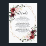 Romantische Bourgondische rode bloem geometrische  Informatiekaartje<br><div class="desc">Waterverf Bourgondië Marsala Rode Bloem Rustiek Boho Moderne geometrische bruiloft Details Kaart met gouden geometrische lijst. Perfect voor een herfstbruiloft. Het ontwerp is voorzien van een prachtig boeket van bordeaux / Marsala, perzikbloemen / rozen met bijpassende bladeren. Vind meer bijpassende design en variaties in mijn "blissweddingpaperie" winkel. En voel je...</div>