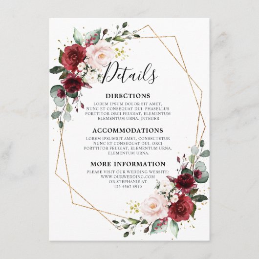 Romantische Bourgondische rode bloem geometrische  Informatiekaartje (Voorkant)