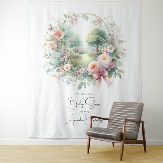 Romantische Bow Floral Baby shower Welkom Wandkleed (In situ)