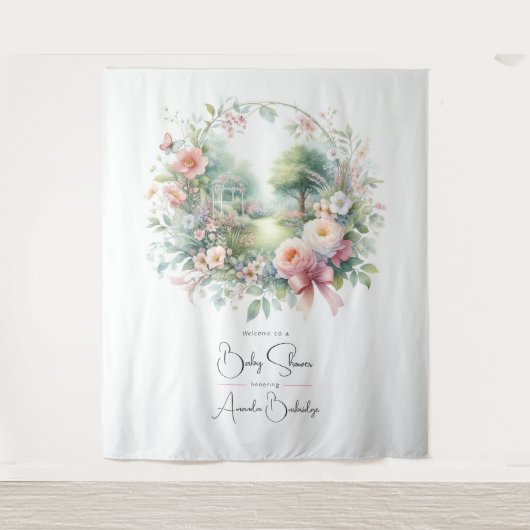 Romantische Bow Floral Baby shower Welkom Wandkleed (Voorkant)