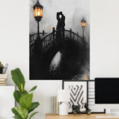 Romantische brugzoen in houtskool en lantaarn gloe poster (Thuiskantoor)