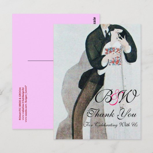 ROMANTISCHE BRUID & BRUIDEGOM BEDANKT MONOGRAM BRIEFKAART (Voorkant / Achterkant)