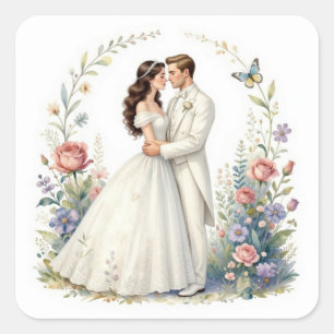 Romantische bruid bruidegom bloemrijke elegante tr vierkante sticker