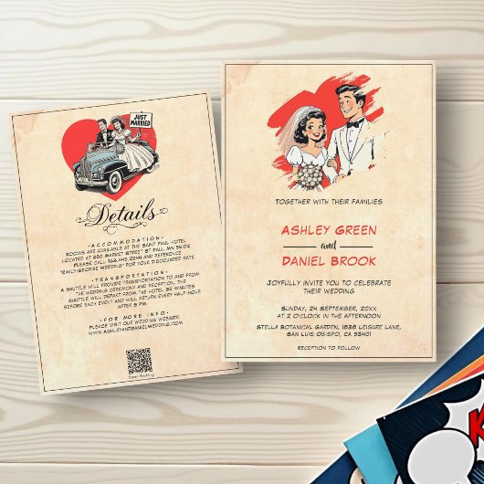  romantische bruid en bruidegom 50s Comic Wedding Kaart
