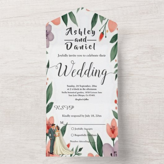Romantische bruid en bruidegom bloementuin bruilof all in one uitnodiging (Binnen)