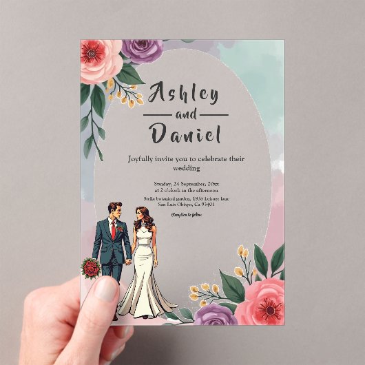 Romantische bruid en bruidegom Waterverf bloemenbr Acryl Uitnodigingen (Insitu (Draagbaar))