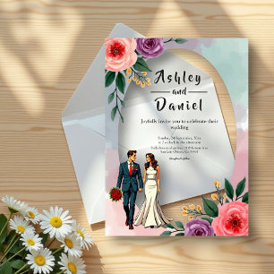 Romantische bruid en bruidegom Waterverf bloemenbr Acryl Uitnodigingen