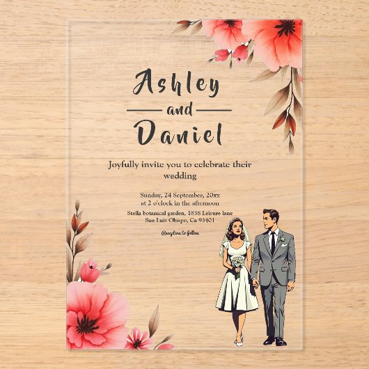 Romantische bruid en bruidegom Waterverf bloemenbr Acryl Uitnodigingen (Voorkant)