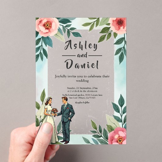 Romantische bruid en bruidegom Waterverf bloemenbr Acryl Uitnodigingen (Insitu (Draagbaar))