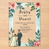 Romantische bruid en bruidegom Waterverf bloemenbr Acryl Uitnodigingen (Voorkant)