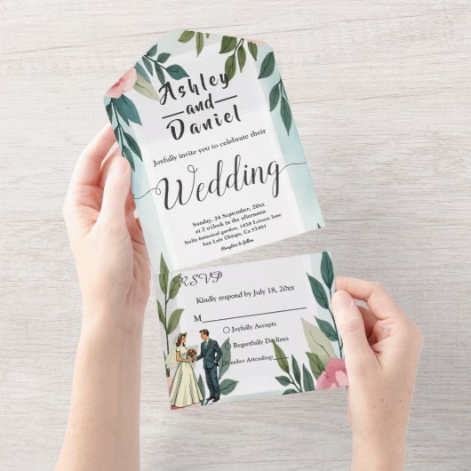 Romantische bruid en bruidegom Waterverf bloemenbr All In One Uitnodiging (Afscheurbaar)