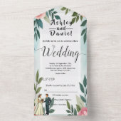 Romantische bruid en bruidegom Waterverf bloemenbr All In One Uitnodiging (Binnen)