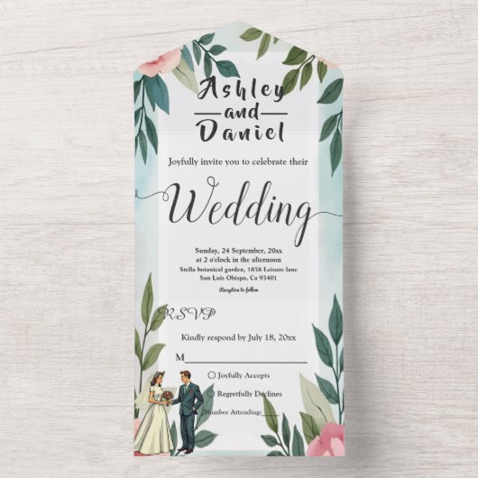 Romantische bruid en bruidegom Waterverf bloemenbr All In One Uitnodiging (Binnen)