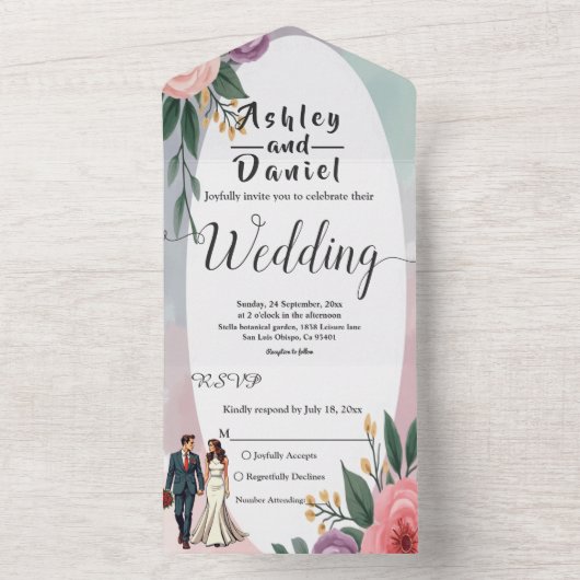 Romantische bruid en bruidegom Waterverf bloemenbr All In One Uitnodiging (Binnen)