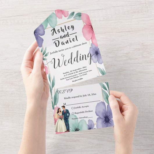 Romantische bruid en bruidegom Waterverf bloemenbr All In One Uitnodiging (Afscheurbaar)