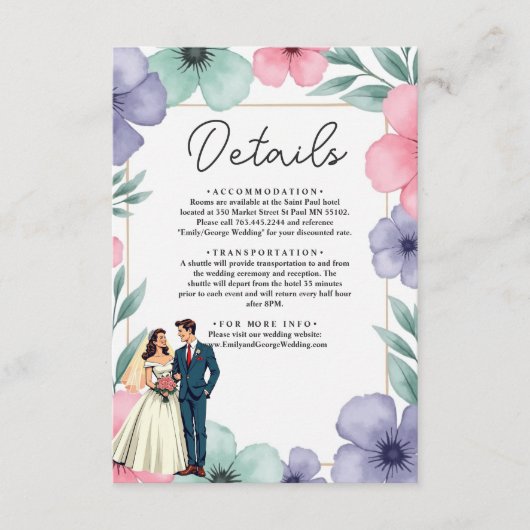 Romantische bruid en bruidegom Waterverf bloemenbr Informatiekaartje (Voorkant)