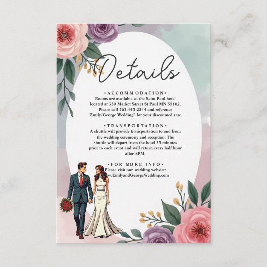 Romantische bruid en bruidegom Waterverf bloemenbr Informatiekaartje (Voorkant)