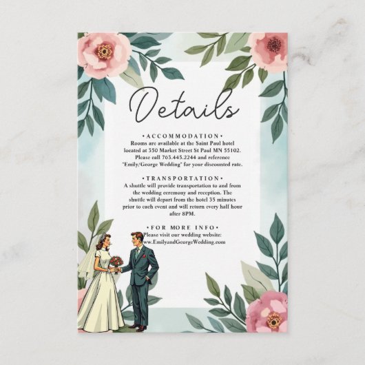 Romantische bruid en bruidegom Waterverf bloemenbr Informatiekaartje (Voorkant)