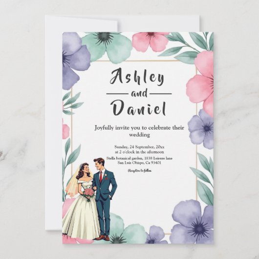 Romantische bruid en bruidegom Waterverf bloemenbr Kaart (Voorkant)